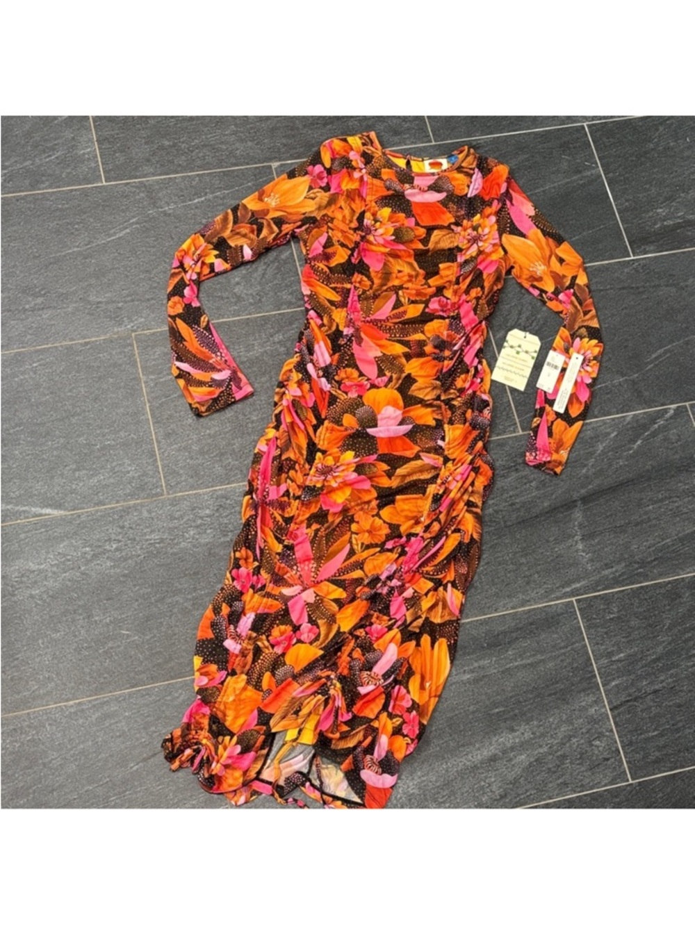 Vibrant Orange & Pink FarmRio Floral Long Sleeve Rouched Side Midi Dress